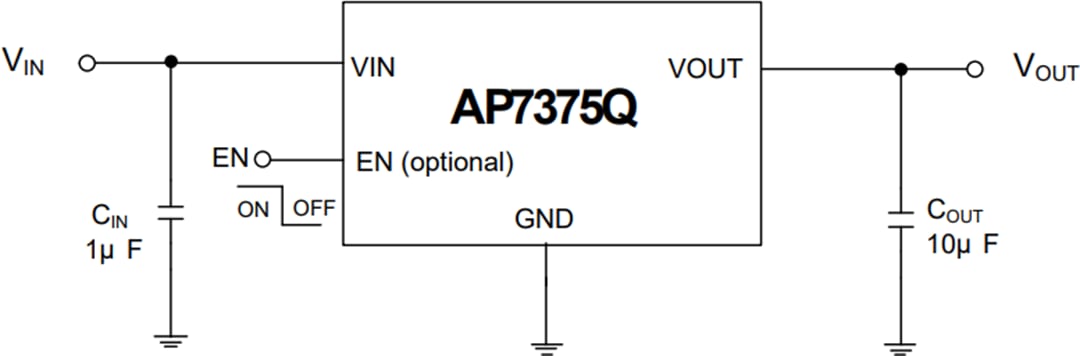Applikations-Schaltungsdiagramm - Diodes Incorporated Für den Einsatz im Fahrzeugbereich geeignete Regler des Typs AP7375Q mit extrem niedrigem Dropout