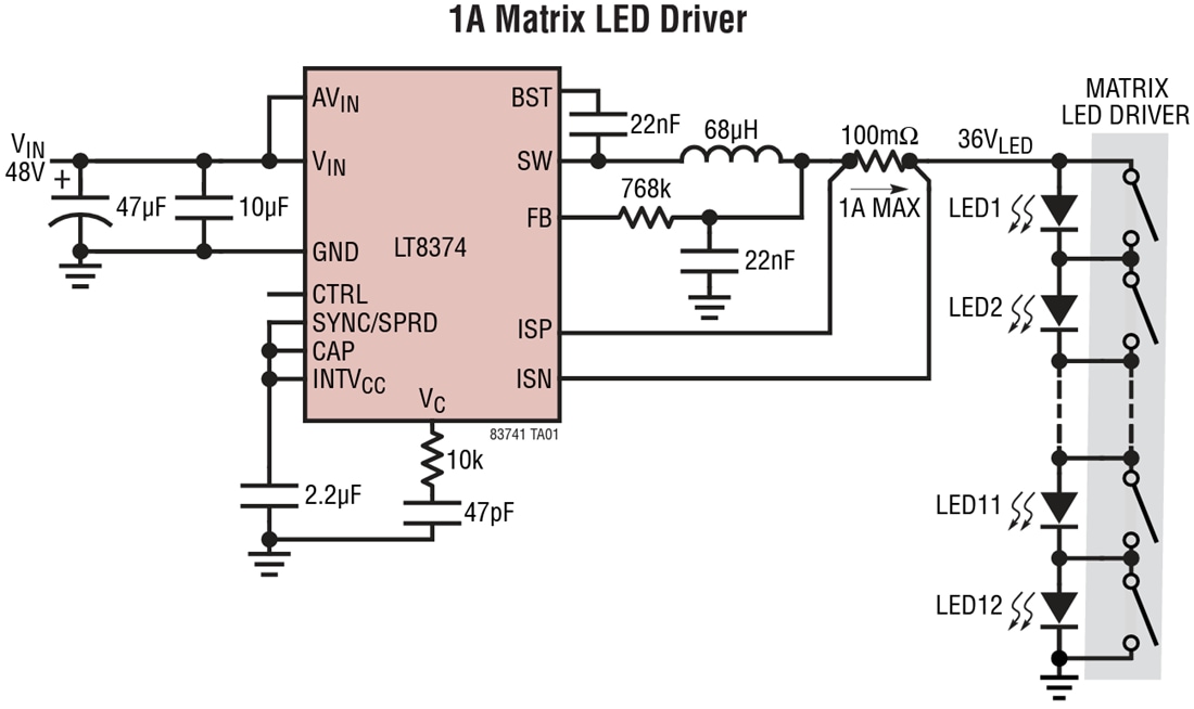 Applikations-Schaltungsdiagramm - Analog Devices Inc. LT8374 Synchrone LED-Abwärtstreiber