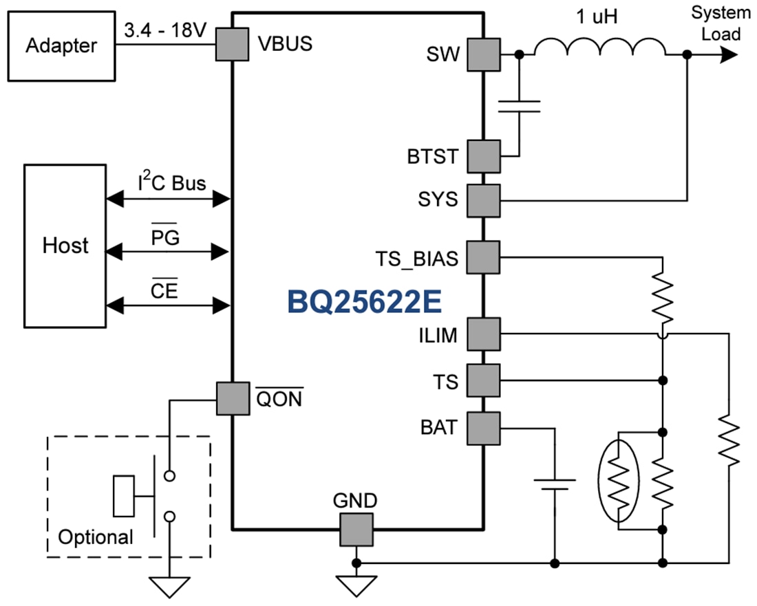 Applikations-Schaltungsdiagramm - Texas Instruments bq25622E I2C-gesteuertes Abwärts-Ladegerät