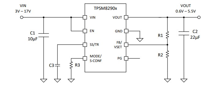 Applikations-Schaltungsdiagramm - Texas Instruments TPSM82901 synchrones Abwärtswandler-Leistungsmodul