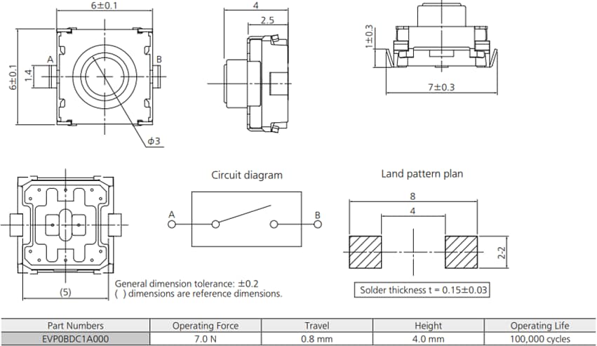Panasonic Electronic Components EVP-0B Quadratischer taktiler 7-N-Schalter von 6 mm