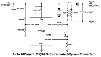 Applikations-Schaltungsdiagramm - Analog Devices Inc. LT8306 Isolierte Flyback-Controller ohne Optokoppler