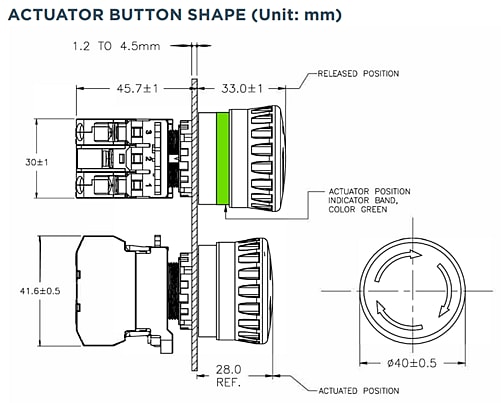 Tabelle - TE Connectivity / Alcoswitch PBES22 Druckknopf-Not-Aus-Schalter 22 mm