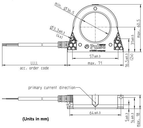 Technische Zeichnung - Pulse Egston Rogowski RC01/03/05 Spulen-Stromsensoren