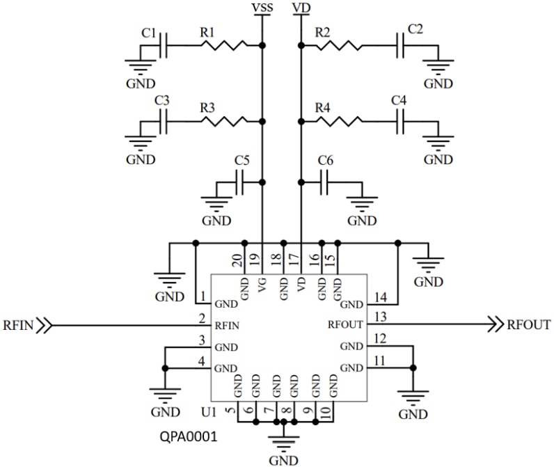 Applikations-Schaltungsdiagramm - Qorvo QPA0001 GaN-Treiberverstärker