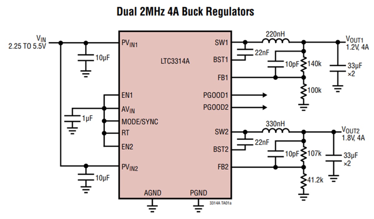 Applikations-Schaltungsdiagramm - Analog Devices Inc. LTC3314 8 A Abwärts-DC/DC-Regler