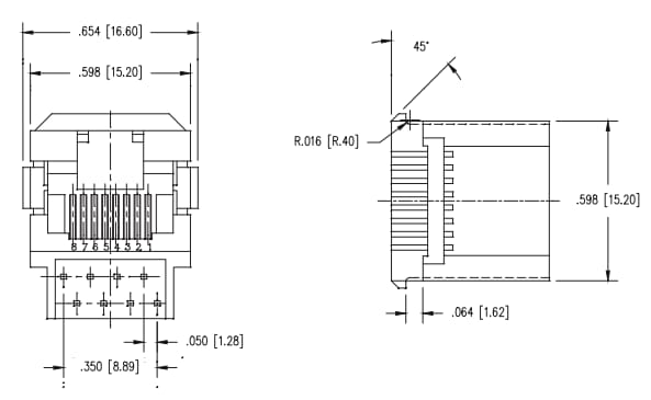 Technische Zeichnung - Stewart Connector / Cinch Connectivity Solutions Modulare RJ-Buchse mit vertikalem Bodenanschluss