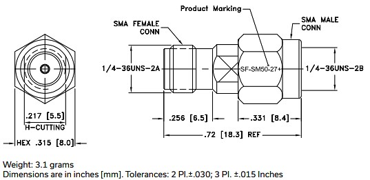 Mechanical Drawing - Mini-Circuits SF-SM50-27+ SMA-Female to SMA-Male Coaxial Adapter