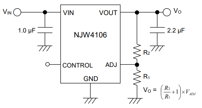 Application Circuit Diagram - Nisshinbo NJW4106-T1 Adjustable LDO Voltage Regulator IC