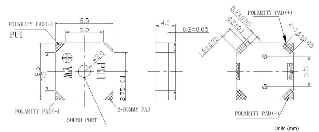 Technische Zeichnung - PUI Audio SMT-0840-T Oberflächenmontage-Wandler