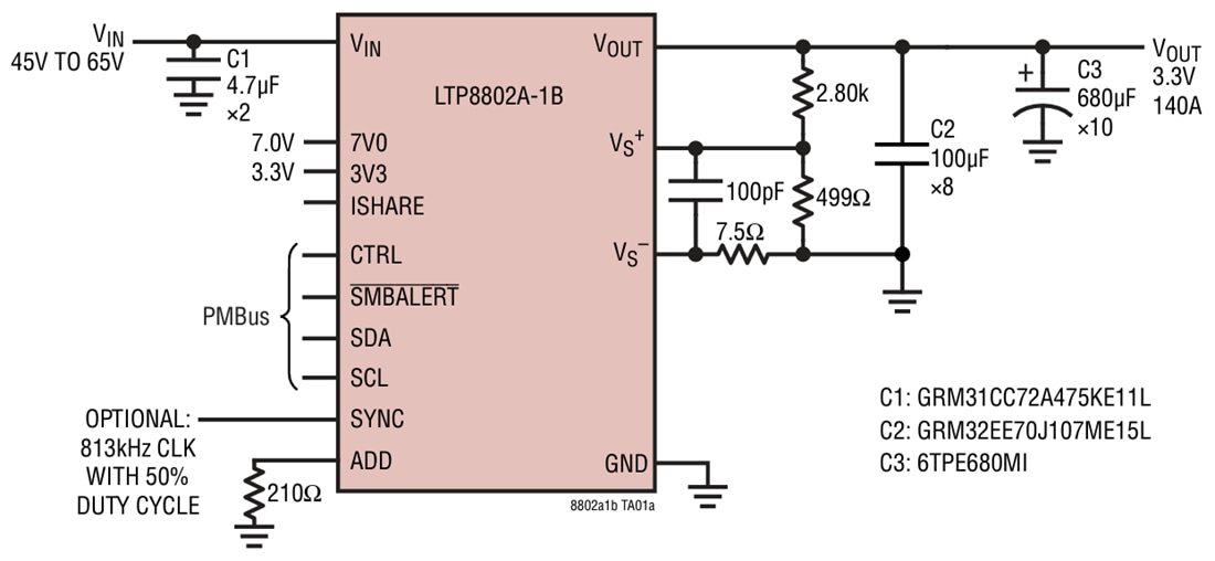 Applikations-Schaltungsdiagramm - Analog Devices Inc. LTP8802A-1B 54 V 140 A-DC/DC-μModule-Regler