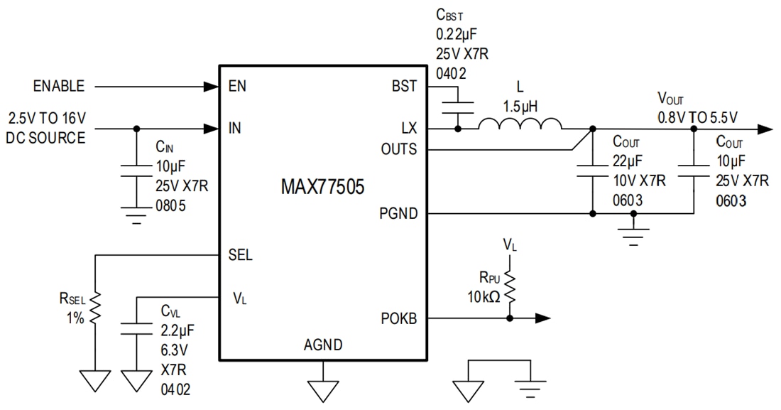 Applikations-Schaltungsdiagramm - Analog Devices Inc. MAX77505 16 A Abwärtswandler mit niedrigem IQ