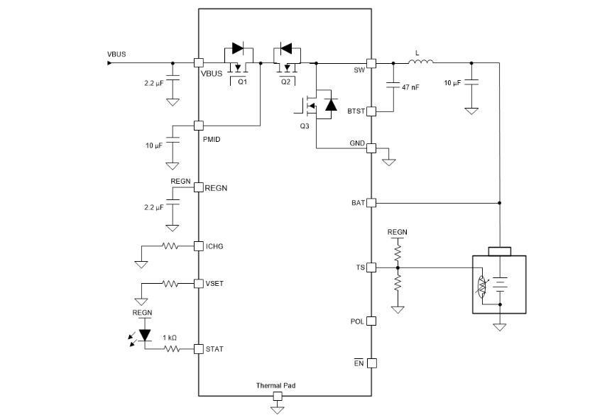 Applikations-Schaltungsdiagramm - Texas Instruments bq25308 Eigenständiges 1-Zellen-Ladegerät