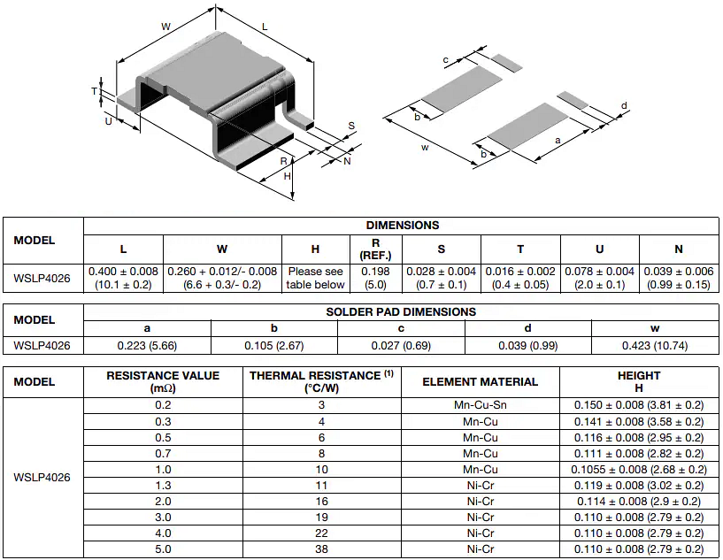 Technische Zeichnung - Vishay / Dale WSLP4026 Power Metal Strip® Widerstände