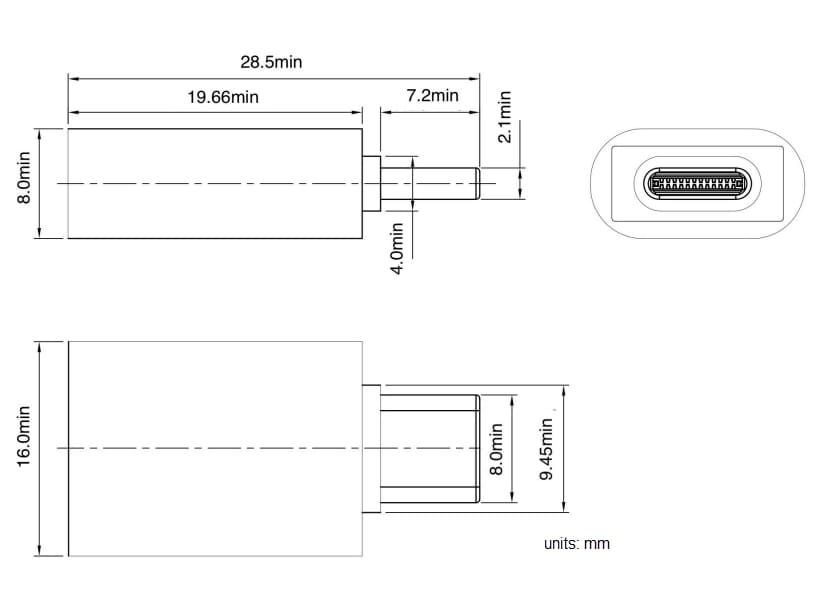 Technische Zeichnung - CUI Inc SUA-A- und SUA-C-USB-Adapter
