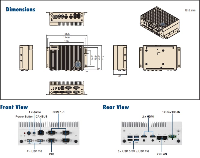 Technische Zeichnung - Advantech Vorkonfiguriertes EI-53 Edge Intelligentes System