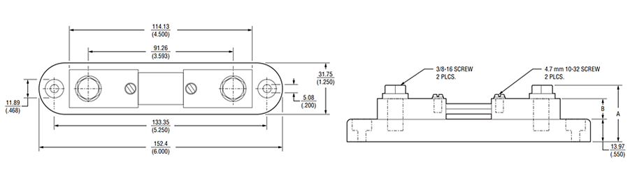 Technische Zeichnung - Bourns RSN Riedon™ DC-Amperemeter-Querwiderstände
