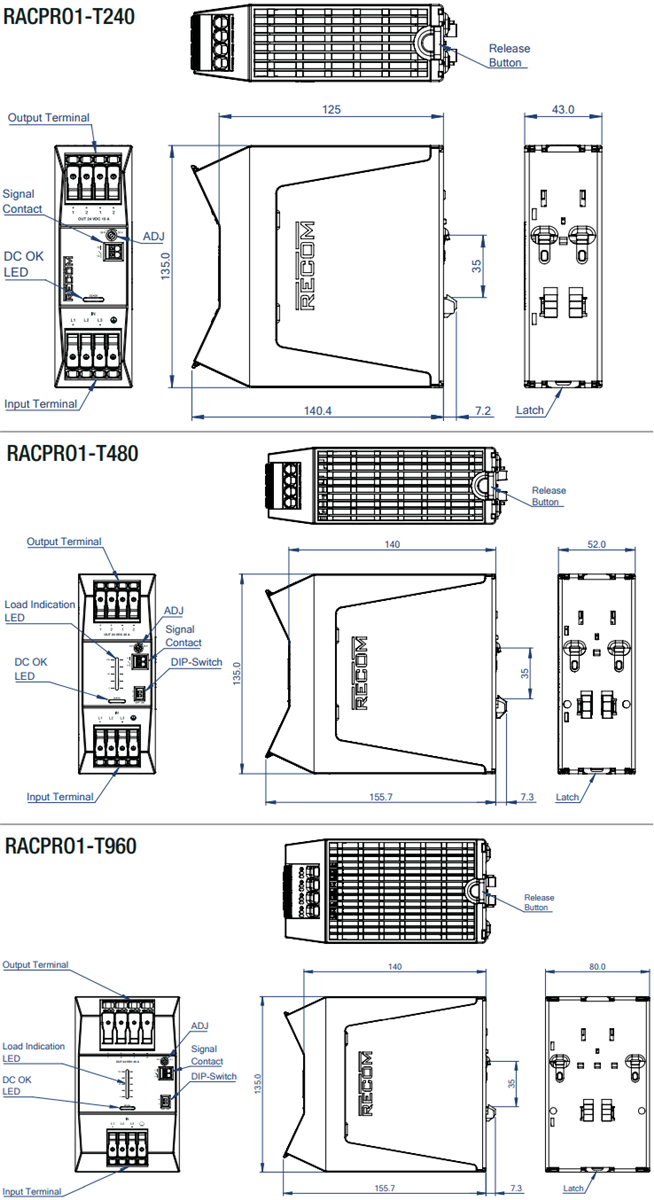 Technische Zeichnung - RECOM Power RACPRO1 DIN-Schienen-Netzteile