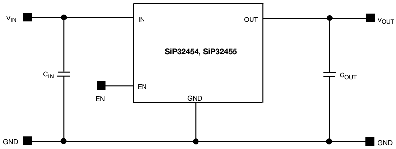 Applikations-Schaltungsdiagramm - Vishay Semiconductors SiP32455 Lastschalter mit gesteuerter Anstiegsrate