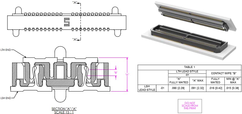 Technische Zeichnung - Samtec LTH 0,50 mm Flach- und Strahl-Anschlussleiste mit niedrigem Profil