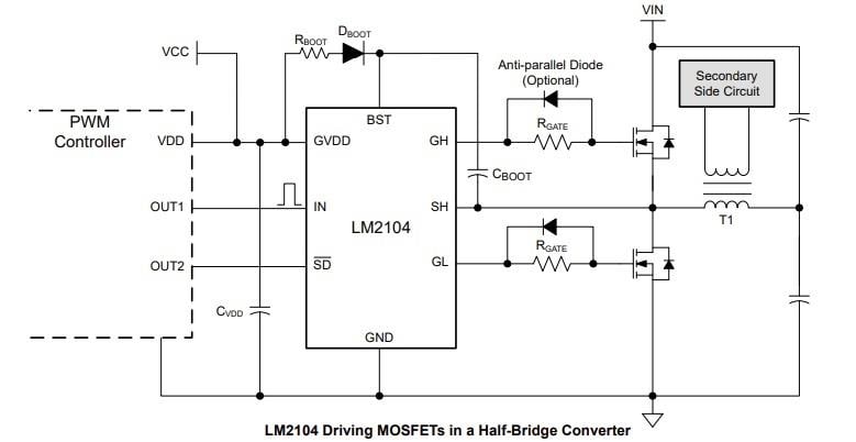 Applikations-Schaltungsdiagramm - Texas Instruments LM2104 Halbbrücken-Gate-Treiber