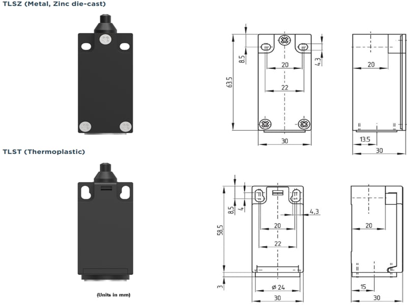 Technische Zeichnung - TE Connectivity / Alcoswitch Endschalter TLS