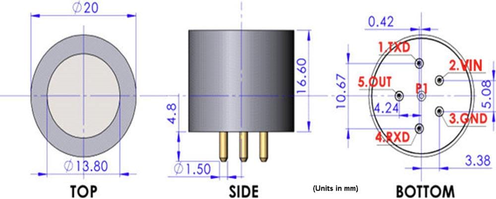 Technische Zeichnung - Amphenol SGX Sensortech INIR2 Digitale Gassensoren