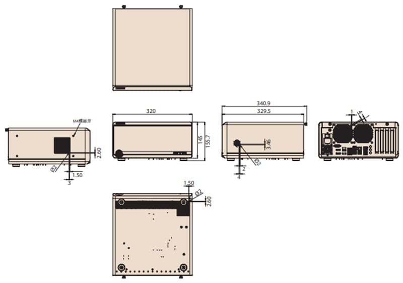 Technische Zeichnung - Advantech Vorkonfigurierter USM-500 Medizinischer Computer