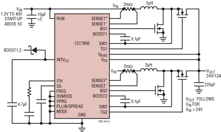Applikations-Schaltungsdiagramm - Analog Devices Inc. LTC7806 Synchrone 2-Phase-Aufwärtsregler