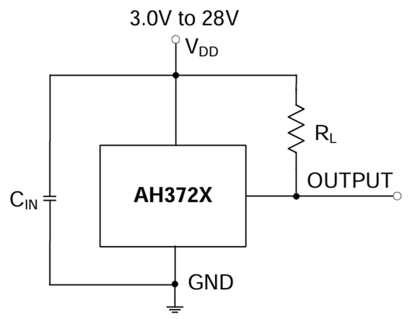 Applikations-Schaltungsdiagramm - Diodes Incorporated AH372x Hochspannungs-Hall-Effekt-Verriegelung
