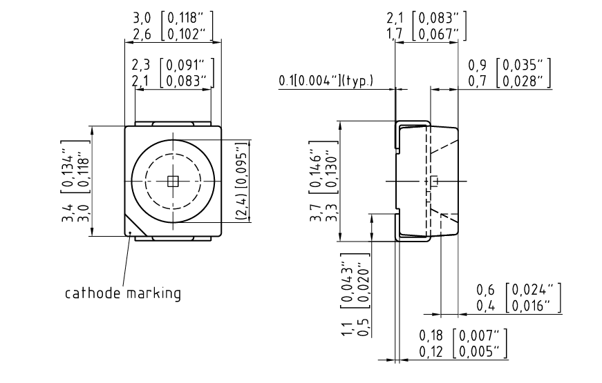 Technische Zeichnung - ams OSRAM TOPLED™ SFH 4.243 B & SFH 4.253 B LEDs