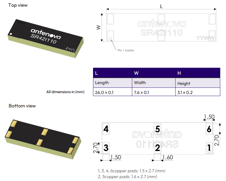 Mechanical Drawing - Antenova Gatun SR42I110 ISM Antenna