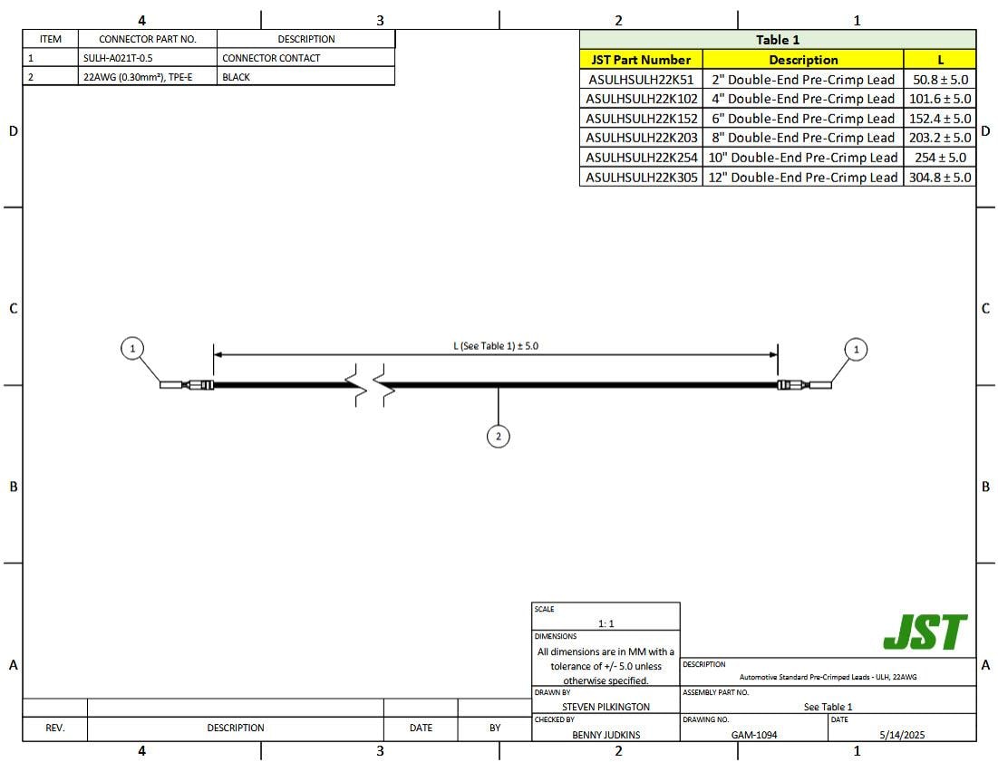 Mechanical Drawing - JST Connectors ULH Automotive Rectangular Cable Assemblies