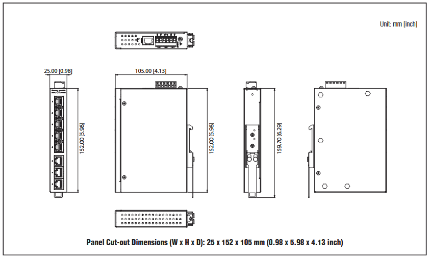 Technische Zeichnung - Advantech EKI-5708E Managed Industrial Ethernet-Schalter