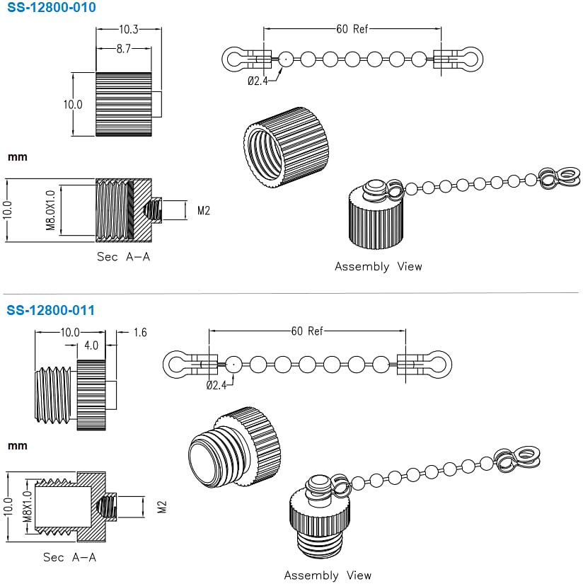 Technische Zeichnung - Stewart Connector / Cinch Connectivity Solutions M8 Metall-Staubkappen