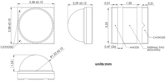 Technische Zeichnung - Lumileds LUXEON HL2X-V Gewölbte Hochleistungsemitter