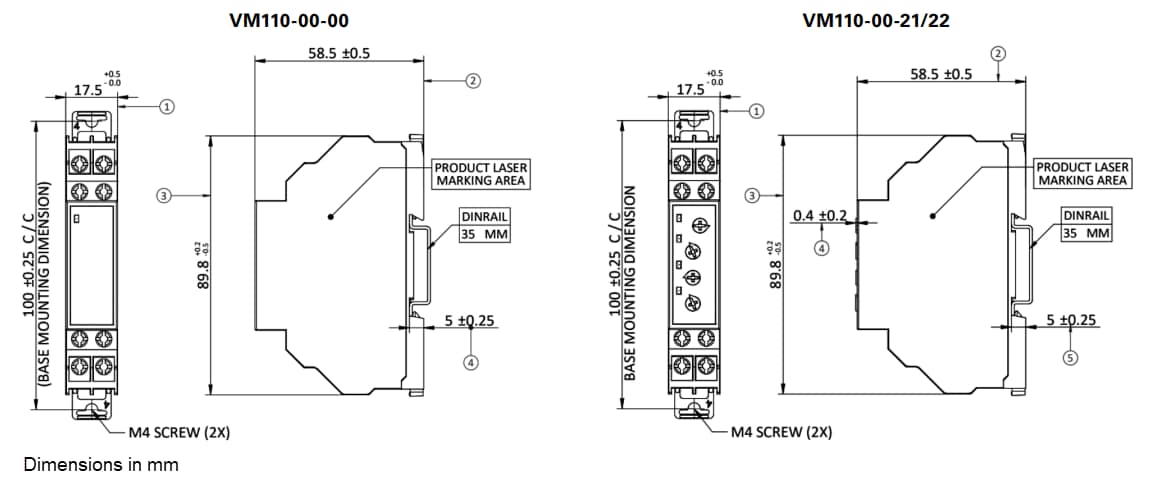 Technische Zeichnung - Littelfuse VM110 Spannungsüberwachungsrelais