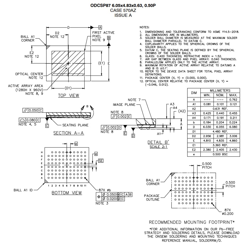 Technische Zeichnung - onsemi AF013x Hyperlux™ ID 1,2MP iToF-Sensoren
