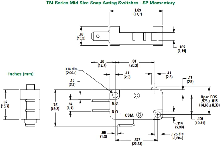 Technische Zeichnung - C&K Switches TM Schnappschalter mittlerer Größe