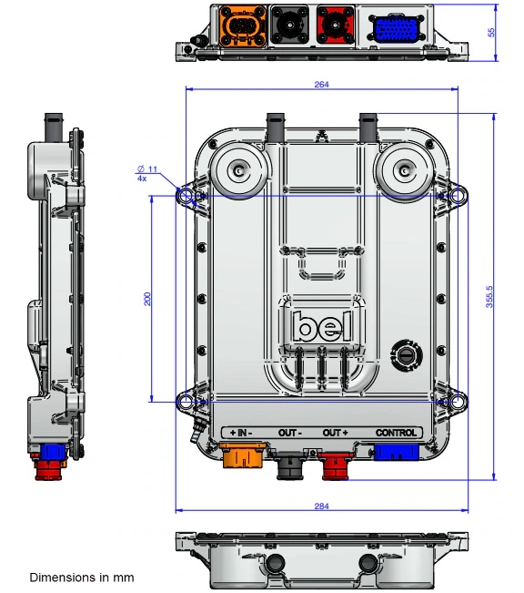 Technische Zeichnung - Bel Power Solutions Flüssigkeitsgekühlte DC/DC-Wandler der 2. Generation für die Elektromobilität