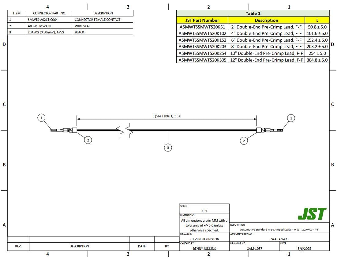 Mechanical Drawing - JST Connectors MWT Automotive Rectangular Cable Assemblies