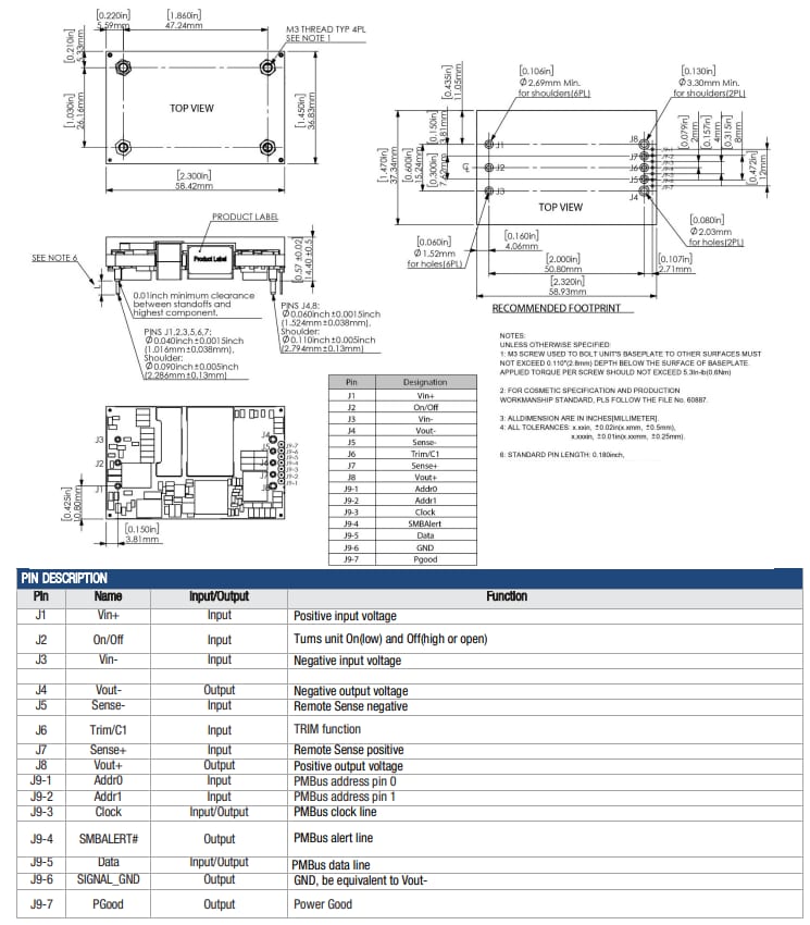 Technische Zeichnung - Murata Power Solutions MPQ700 700 W Digitale DC/DC Wandler im Quarter-Brick-Format