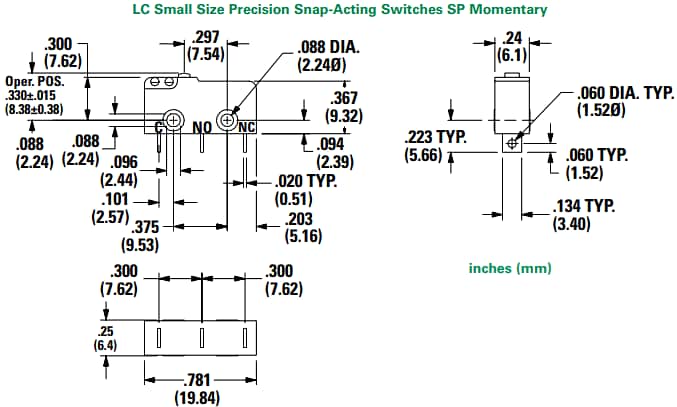 Technische Zeichnung - C&K Switches LC Präzisionsschnappschalter kleiner Größe