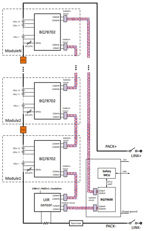 Applikations-Schaltungsdiagramm - Texas Instruments bq78702B Stapelbarer 18-S-Batteriemonitor