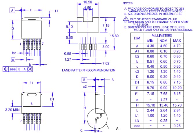 Technische Zeichnung - onsemi NVBG050N170M1 Siliciumcarbid-MOSFET (SiC)
