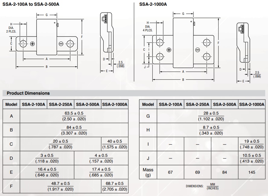 Technische Zeichnung - Bourns SSA-2 Analoge Shunt-Sensoren