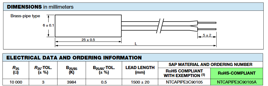 Technische Zeichnung - Vishay / BC Components NTCAPIPE3C90105A NTC-Thermistorsensoren mit langer Anschlussleitung