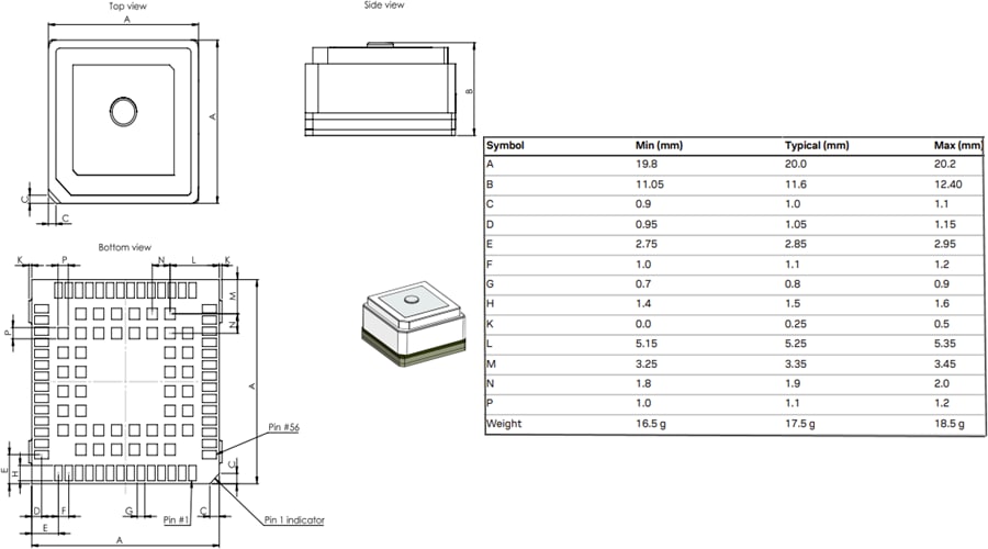 Technische Zeichnung - u-blox DAN-F10N L1/L5 Dualband Smart-GNSS-Antennenmodul
