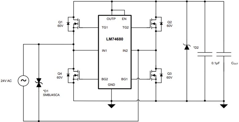Applikations-Schaltungsdiagramm - Texas Instruments LM74680 Idealer Diodenbrücken-Controller