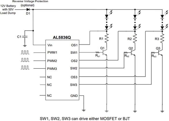 Applikations-Schaltungsdiagramm - Diodes Incorporated AL5836Q Dreikanal-PWM-Controller